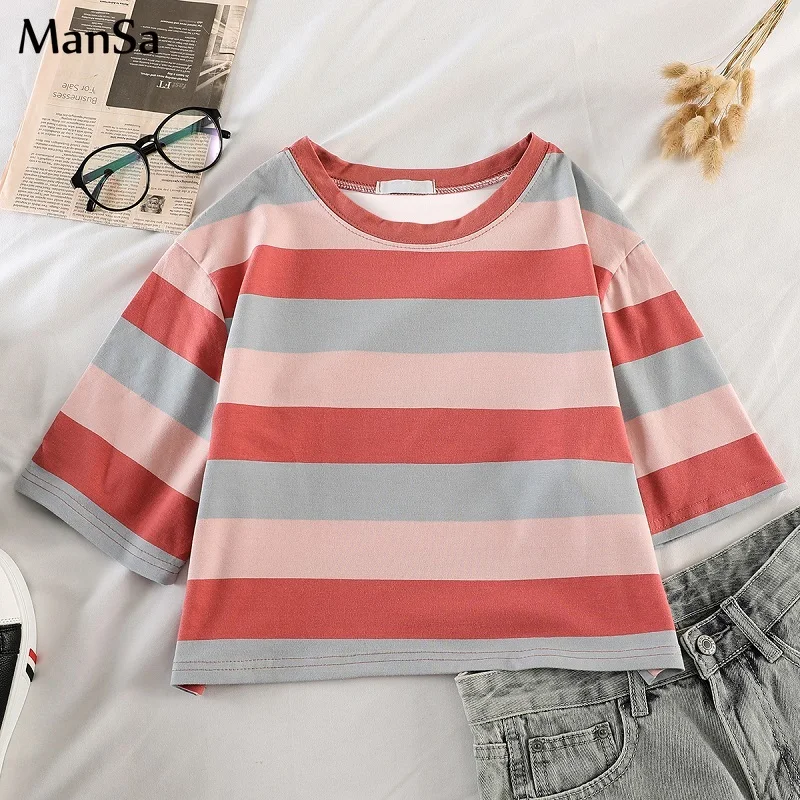 Корейские кавайные радужные полосатые футболки летние новые Графические