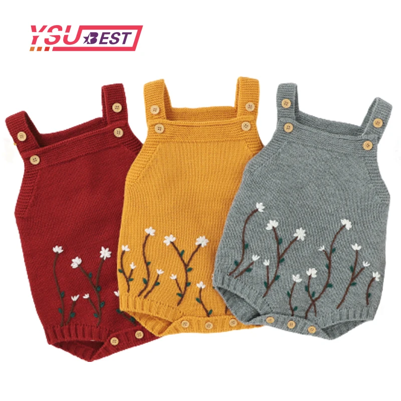 

Baby Rompers Clothes Sleeveless Vintage Floral Knitted Newborn Embroidery Girls Jumpsuits Autumn Winter Infant Children Sweaters