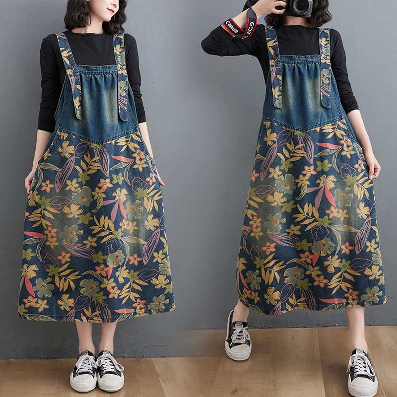 

#2431 Spring Vintage Denim Dress Women Loose Sleeveless Spaghetti Straps Jeans Dress Floral Printed Midi Dress Female Retro
