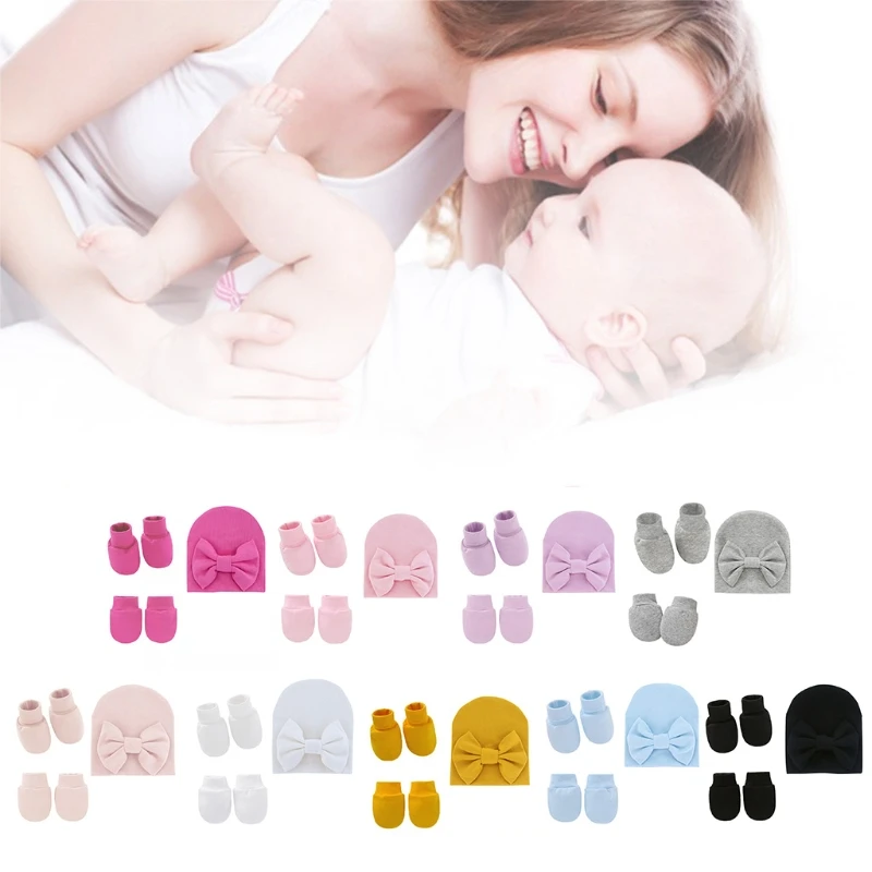 

Baby Bowknot Hat No Scratch Gloves Foot Cover Set Infants Soft Cotton Mittens Beanies Socks Kit for Newborn Todddles