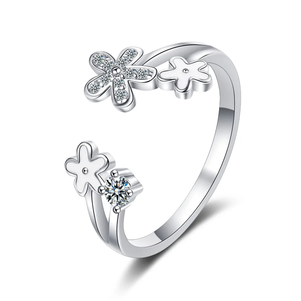 

925 Sterling Silver New Woman Fashion Jewelry High Quality Simple Crystal Zircon Flower Open Ring Adjustable Size Ring