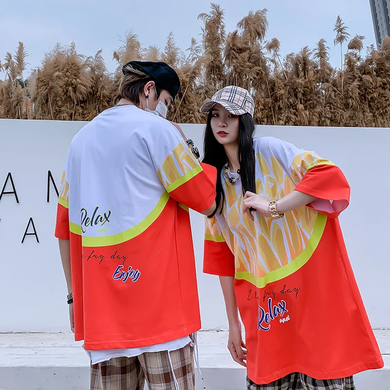 2020 Trendy Design French Fries Print Short Sleeve T-shirt Men Women Summer Couple Hip Hop Street Wear Oversized Top | Мужская одежда