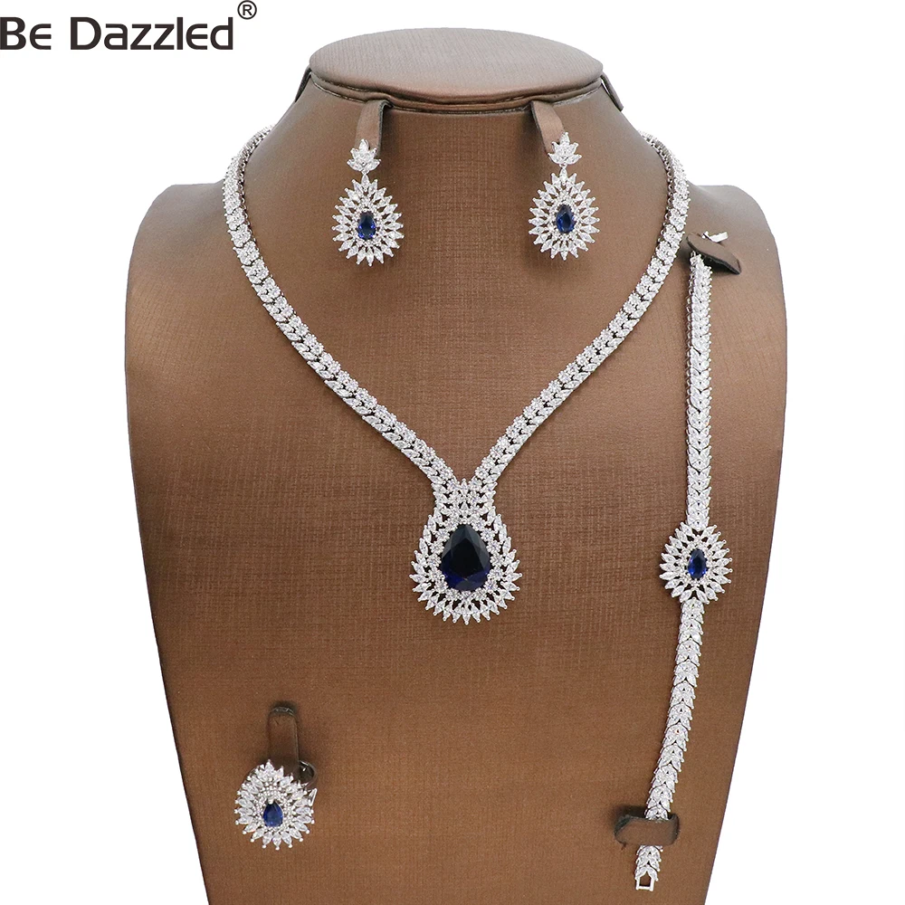 

Jewelry High Quality Big Classic Blue Zircon Necklace Bracelet Earring Ring Wedding Luxury Elegant Bridal Jewelry For Women