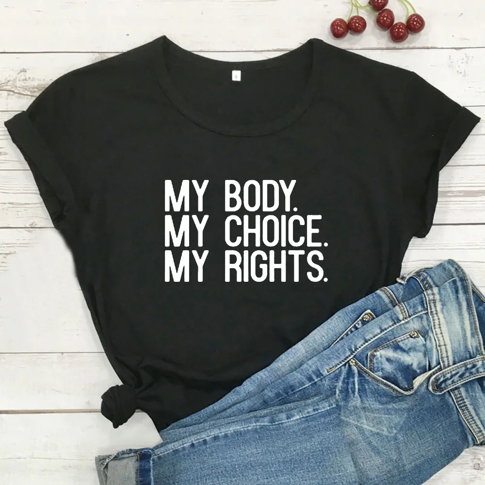 Женская футболка с короткими рукавами черная хлопковая надписью My Body Choice right