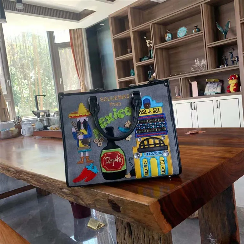 Women Bags Canvas Patchwork Embroidery Purse Shoulder Bags Handbag Tote Braccialini Style Handmade Art Cartoon Mexican Souvenirs