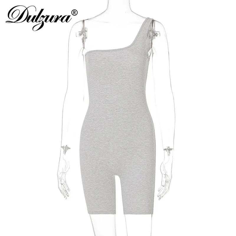 

Dulzura Solid Women Sleeveless One Shoulder Playsuit Bodycon Sexy Streetwear Sporty Fitness 2021 Summer Clothes Combishort
