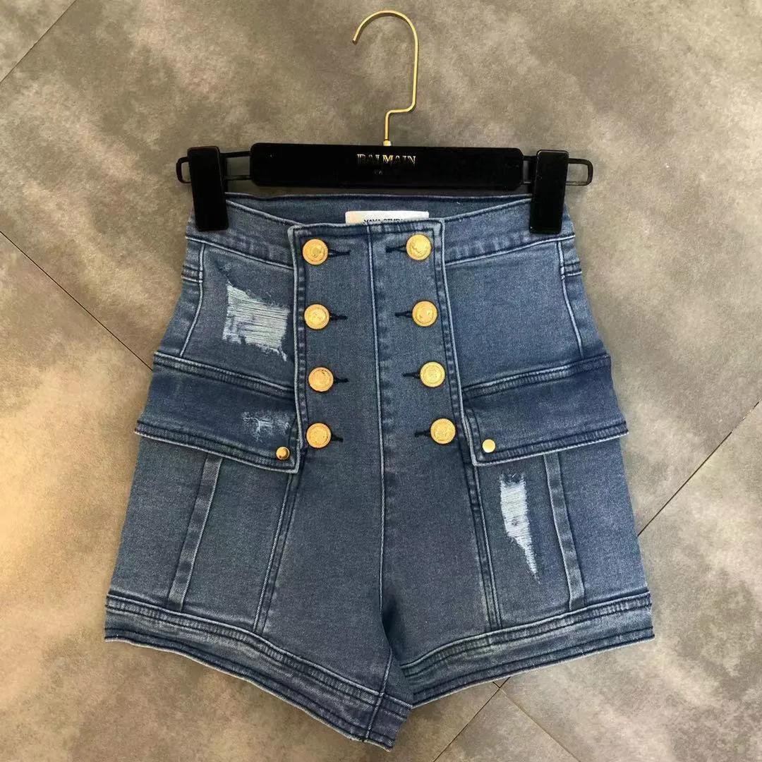 Джинсовые шорты с высокой талией на пуговицах золотистого цвета дырками синие