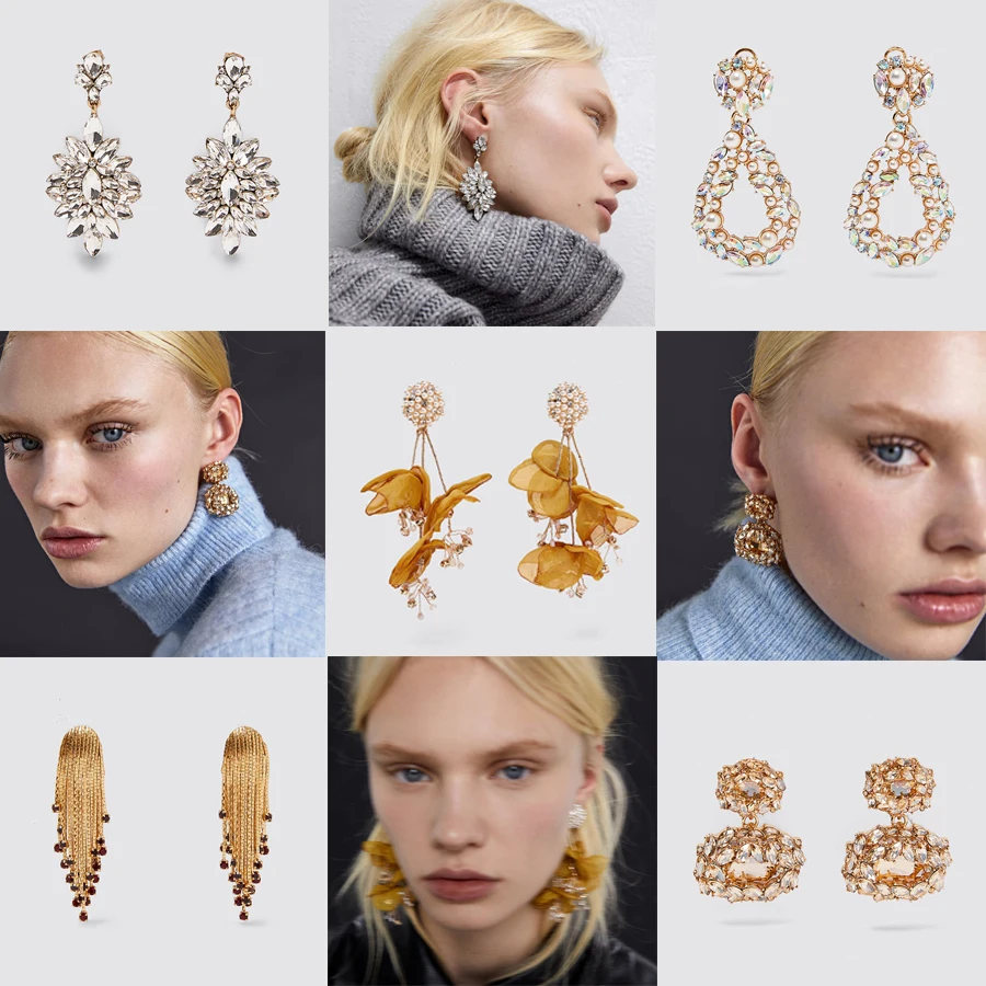 Женские серьги подвески ZA эффектные с кристаллами для свадебной вечеринки