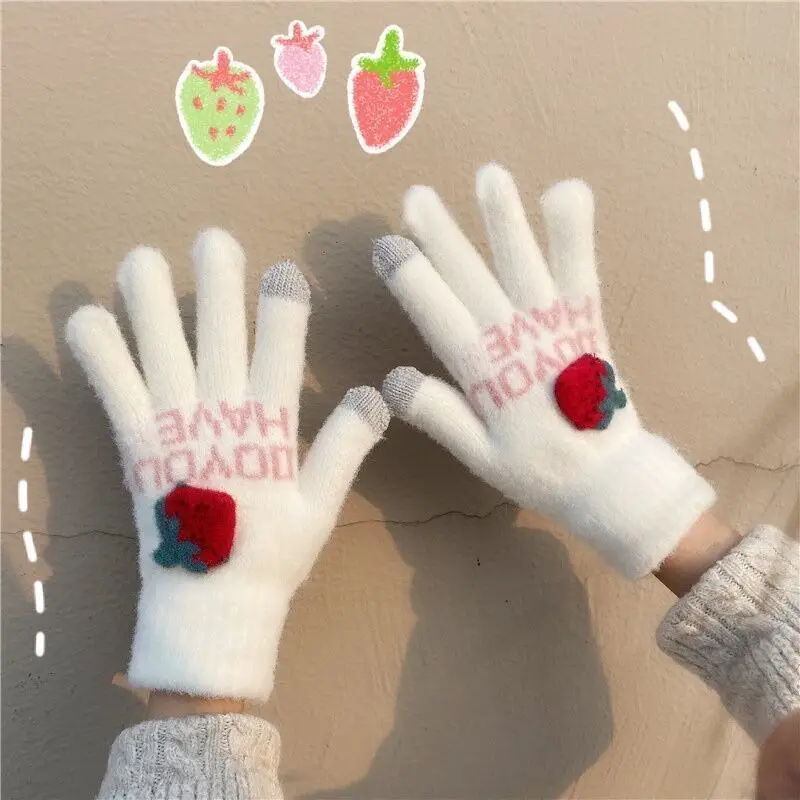 

Winter New Touch Screen Knitted Gloves Korean Version of Warm and Cold Riding Lovely Girl Strawberry Plush Five-Finger Gloves