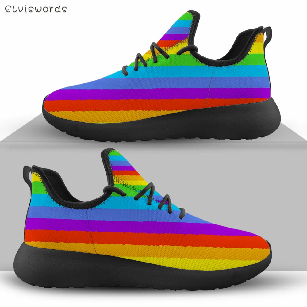 

ELVISWORDS Fashion Rainbow Pattern Women Flats Shoes Lightweight Mesh Knitted Casual Sneakers Casual Soft Walk Footwear Zapatos