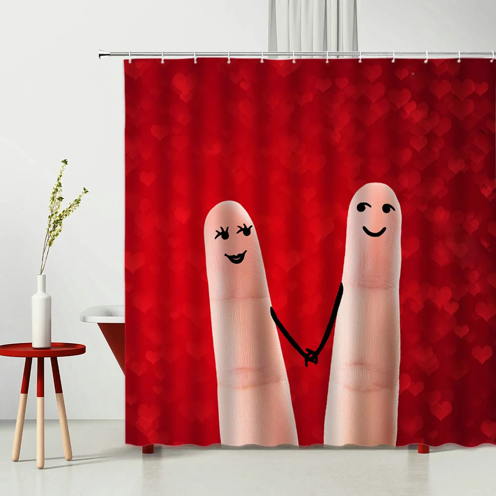 

Shower Curtain Cartoons Romantic Love Heart-Shaped Patterns Cloth Curtain Bathroom Decor Multiple Size With Hooks
