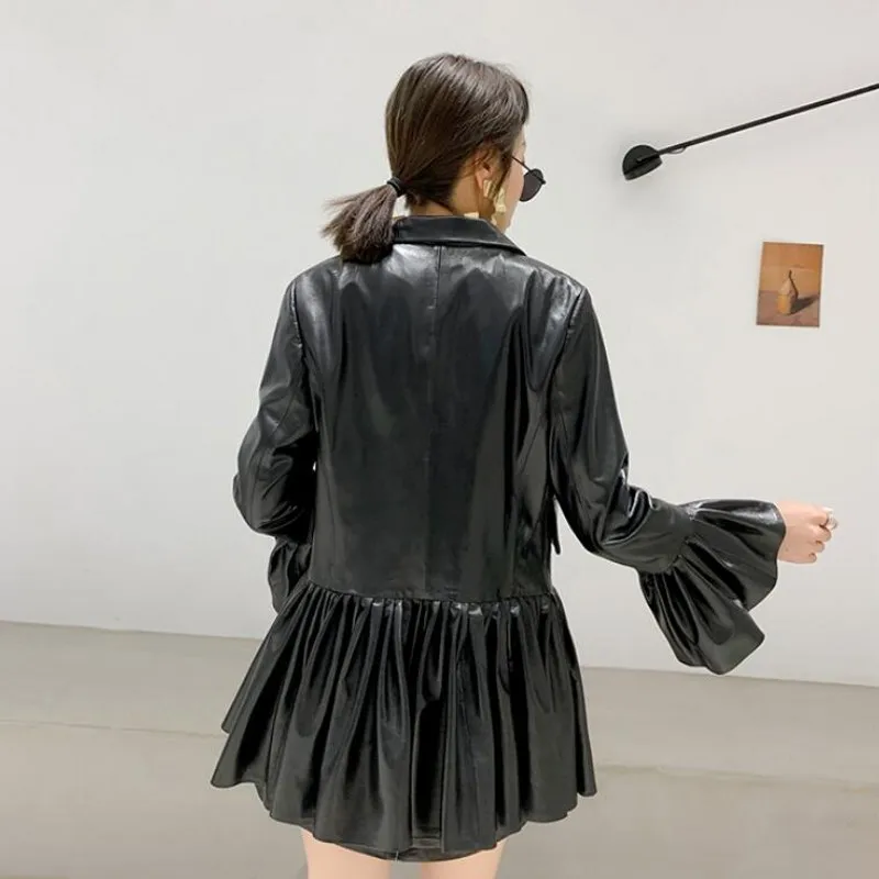 

High Street Womens Double Breasted Slim Fit Genuine Leather Jackets Fashion Long Flare Sleeve Pleated Sheepskin Coats Plus Size