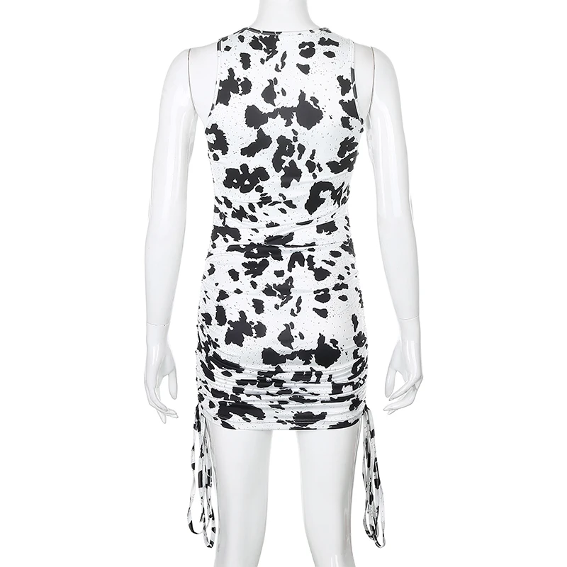 

Print Sleeveless Dress Women Side Drawstring Ruched Slim Summer Sexy Dresses Womens Casual Robe Femme Sundress Mini Bodycon