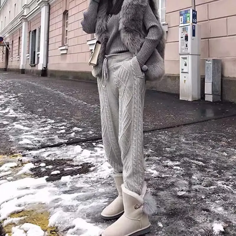 

Winter Warm Knitted pants Women's Casual High waist Thick Chic Wide-leg Ankle-Length pants Korean Loose Sweater Trousers 2021