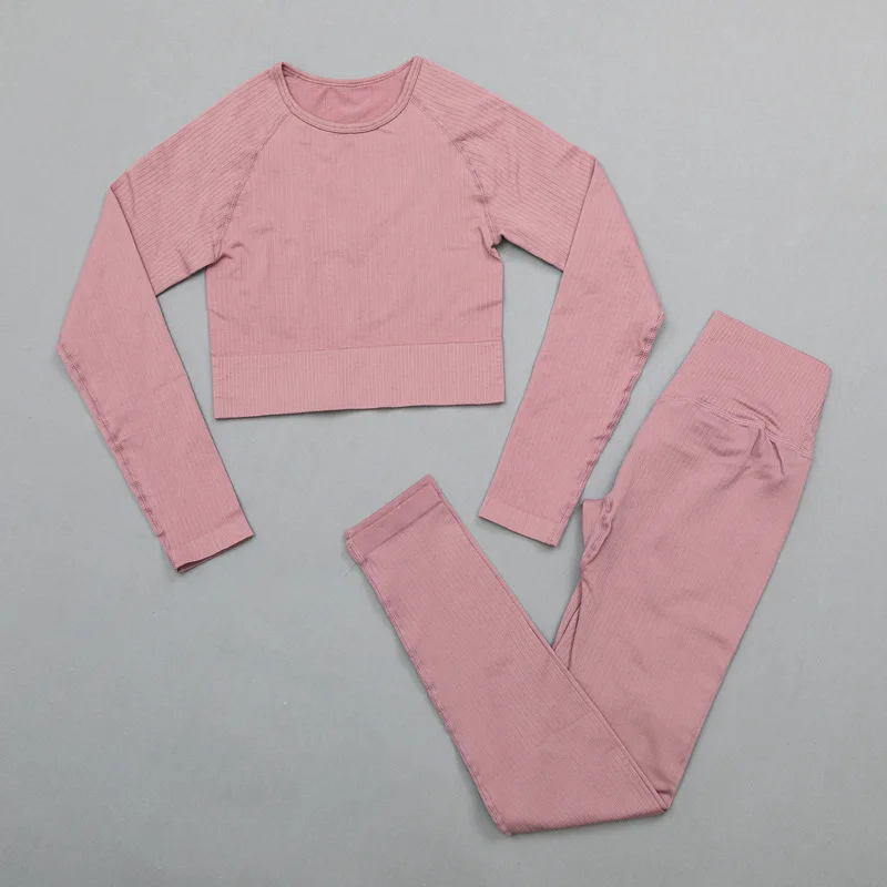 

2 piece Set Women Sportswear Yoga Set Ribbed Seamless Long Sleeve Workout Clothes for Women High Waist Sports Leggings Wear Suit