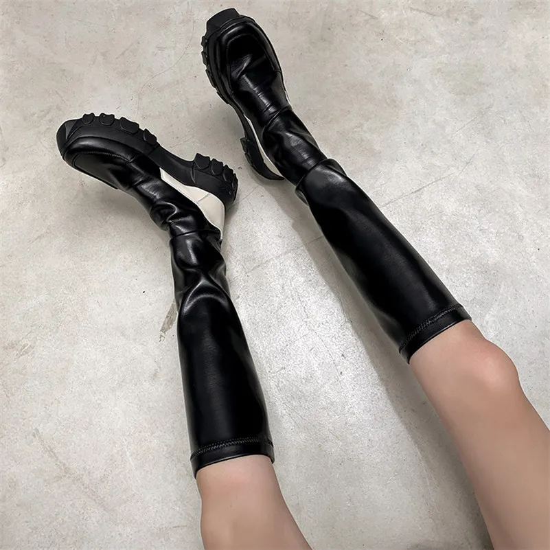 

ANNYMOLI Real Leather Platform Flat Knee-High Boots Women Shoes Round Toe Slip-On Stretch Long Boots Ladies Autumn Black 34-39