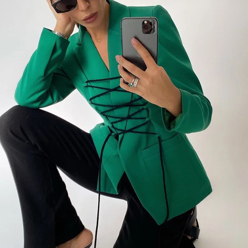 

Cross Bandage Green Women Blazers Autumn 2021 Casual Slim Long Sleeve Lace Up Fashion Streetwear Jacket Suits Ropa Mujer G0034