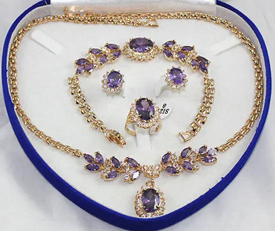 

Bridal Fashion Jewellery Women's Set amethyst Necklace Earring Ring Bracelet+box 5.23