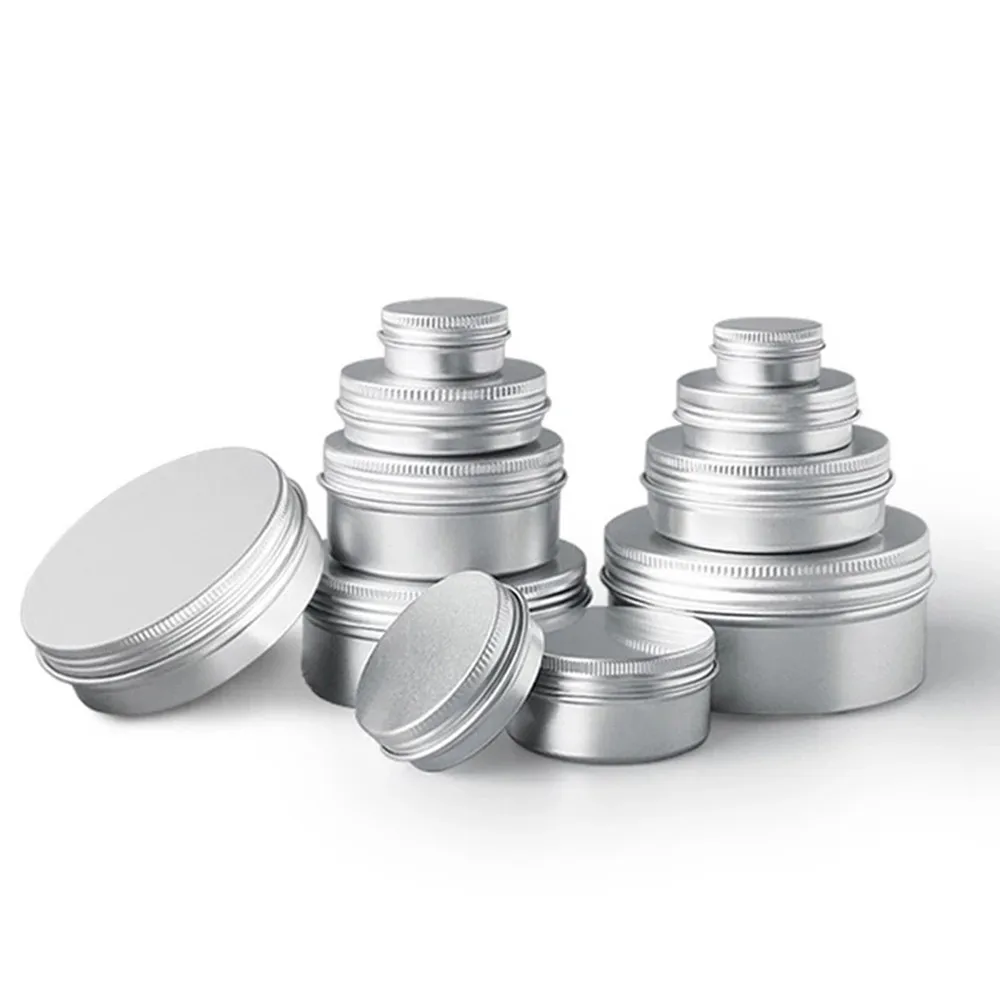

10Pcs 5g 10g 15g 20g 30g 50g Empty Silver Aluminum Tins Cans Screw Top Round Candle Spice Tins Cans with Screw Lid Containers