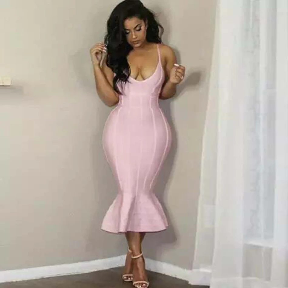 Женское Бандажное платье-русалка розовое облегающее платье на тонких бретелях
