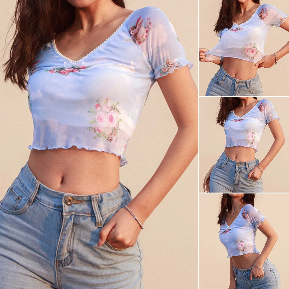 Сексуальный эластичный Пляжный топ с принтом ангела короткий рукав v образный