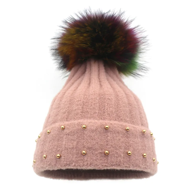 

Ditpossible new fashion knitted beanies skullies girls hat gorros caps mixed color real fur hats pompom winter hat