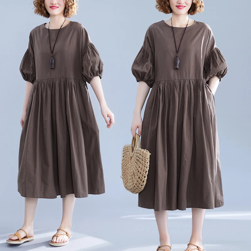 

SuperAen 2021 Puff Sleeve Woman Party Dresses O-Neck High Waist Elegant Plus Size Vestidos New Arrival Dresses for Women