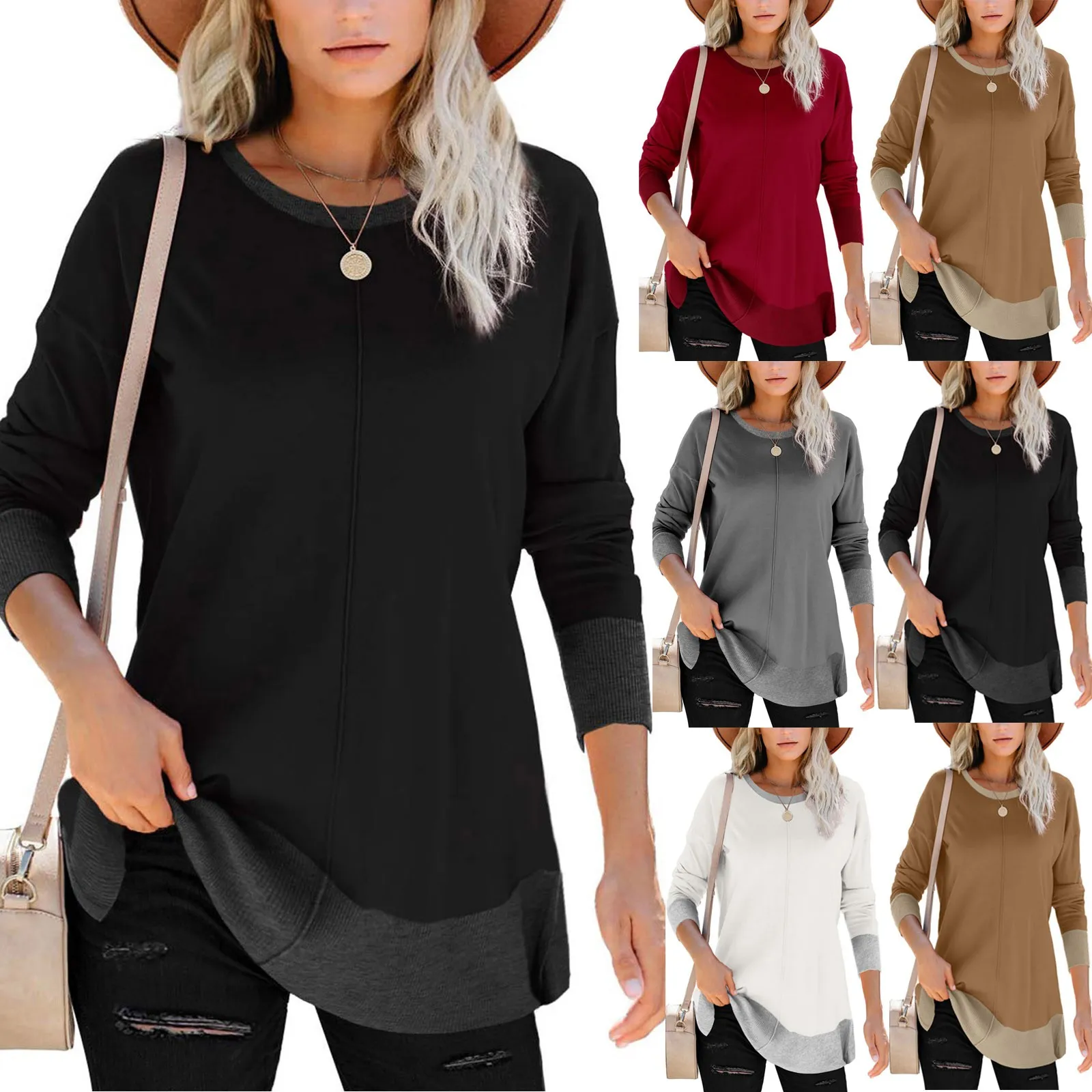 Модная однотонная блузка туника рубашка свободные топы с круглым вырезом