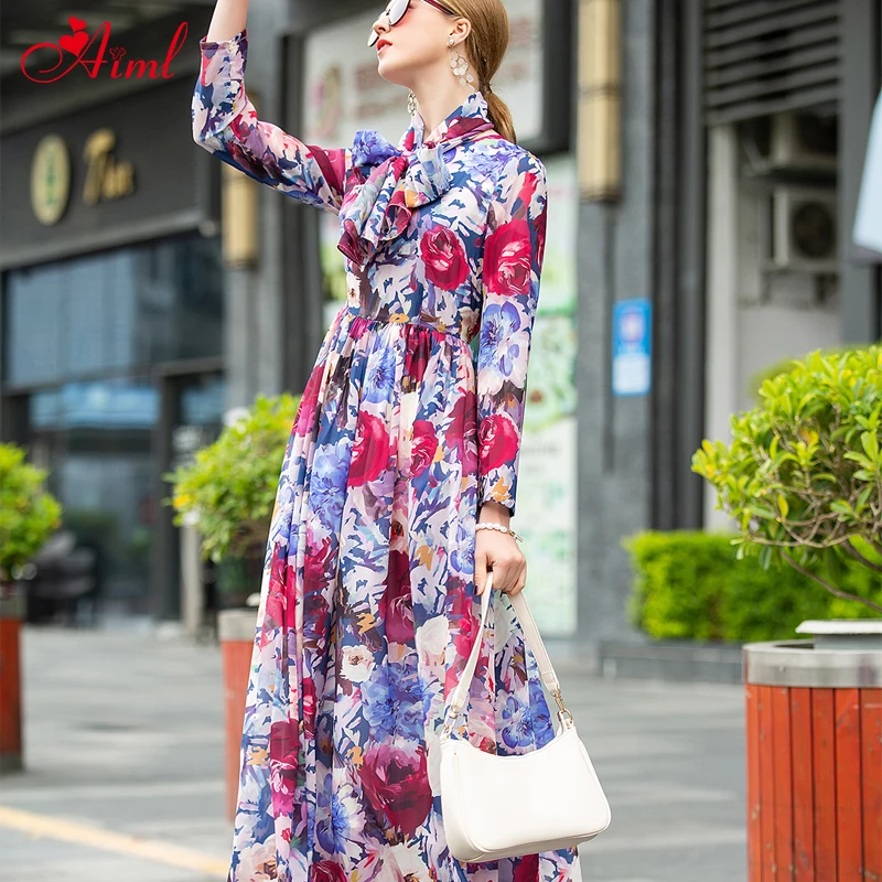 

Designer 2020 Runway Fashion Summer Maxi Dresses Female Floral Print Chiffon Bohos scarf Holiday Vacation Party Long Dress New