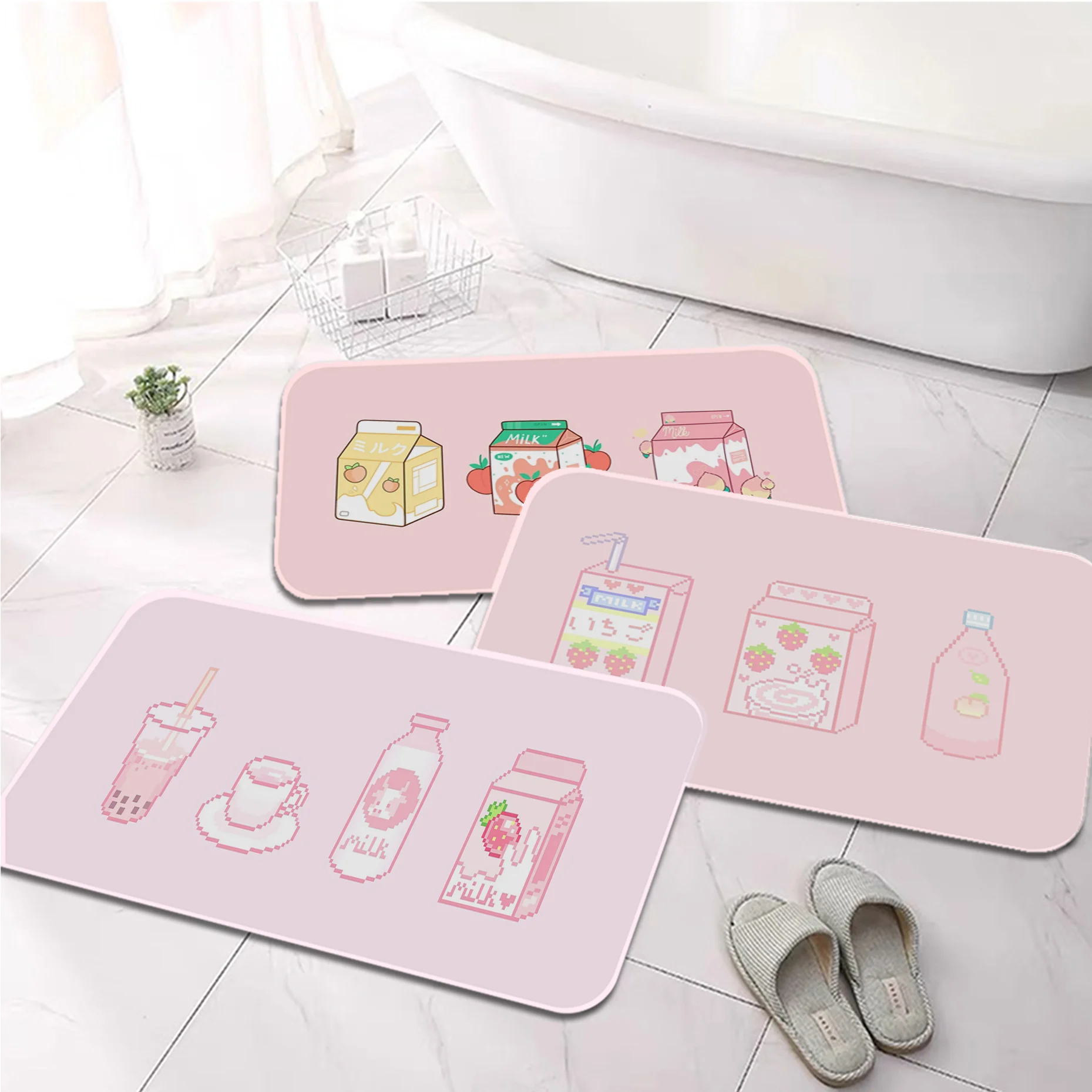 

Cute Japanese Strawberry Milk Printed Flannel Floor Mat Bathroom Decor Carpet Non-Slip For Living Room Kitchen welcome Doormat