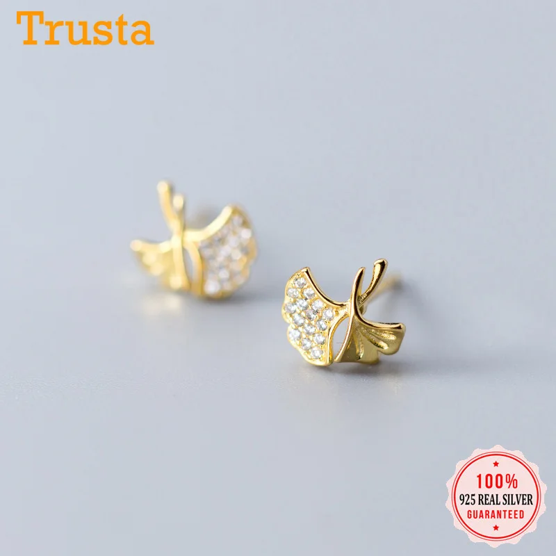 Женские серьги гвоздики с листьями гинкго Trusta из 100% настоящего серебра 925 пробы