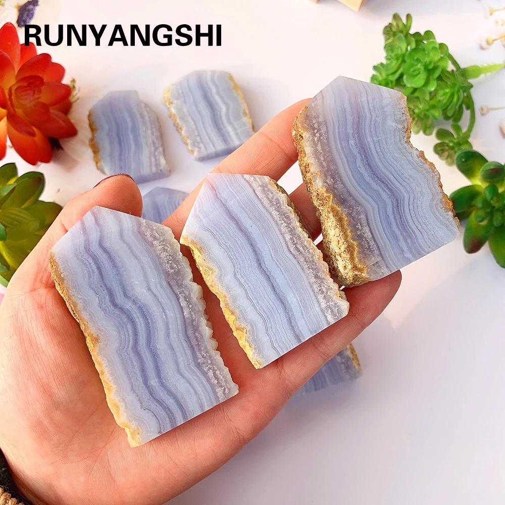 

Runyangshi 1pc Natural Blue Chalcedony Agate Crystal Slice Energy Stripe Quartz Wand Decoration Gem Gift