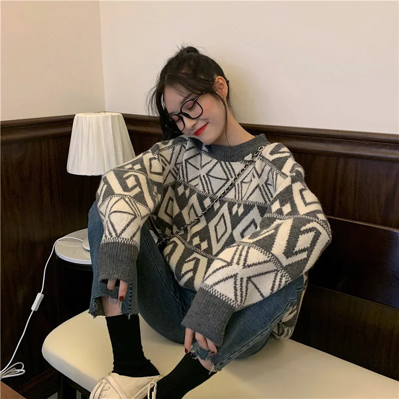 

Fashion Retro Sweater Rhombus Jacquard Plaid Basic Hit Casual Women Long Sleeve All Match College Wind Hot Sale Knitted Pullover