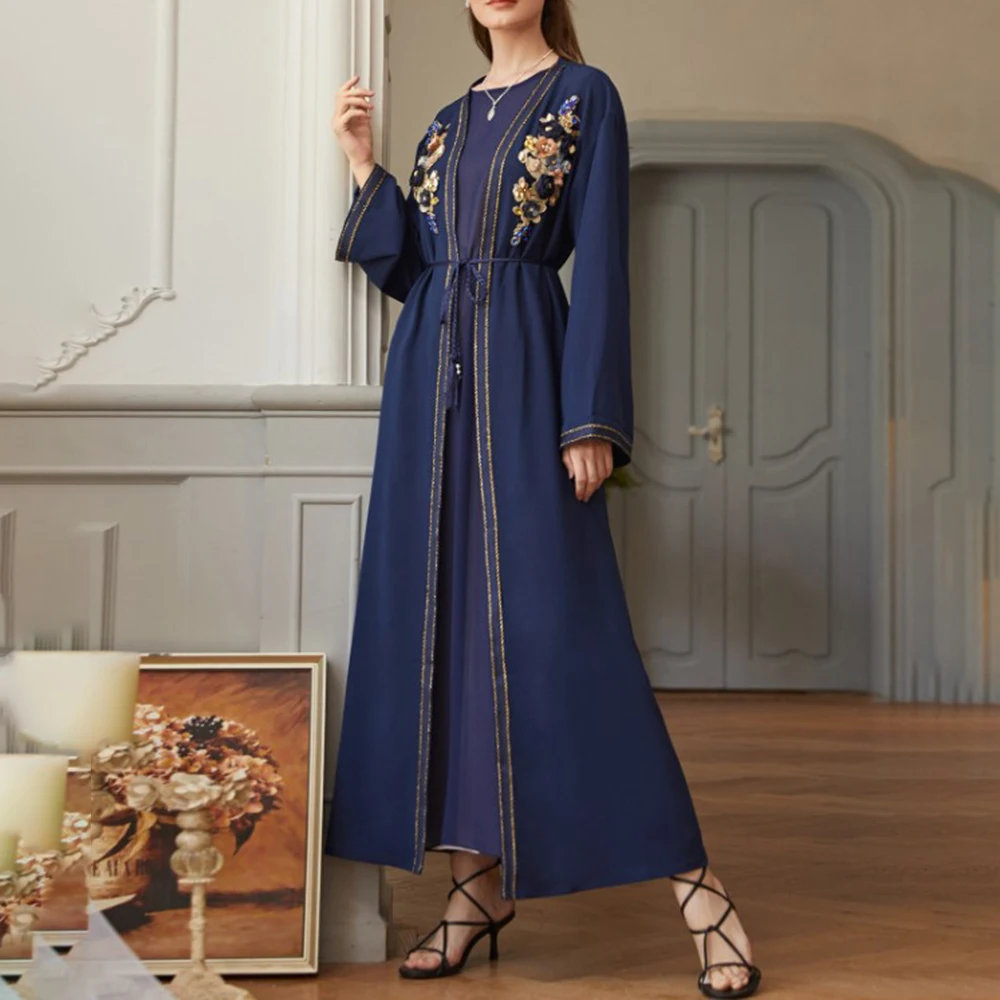 

Женское длинное платье Abaya из Дубая, модное платье с цветочной аппликацией, элегантное этническое платье макси в мусульманском стиле, кафта...