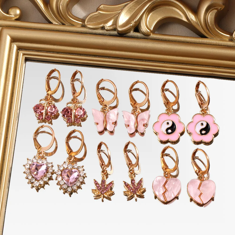 

JUST FEEL Bling Pink Crystal Heart Leaf Drop Earrings Set for Women Cute Butterfly Flowers Yin Yang Dangle Earrings Jewelry Gift
