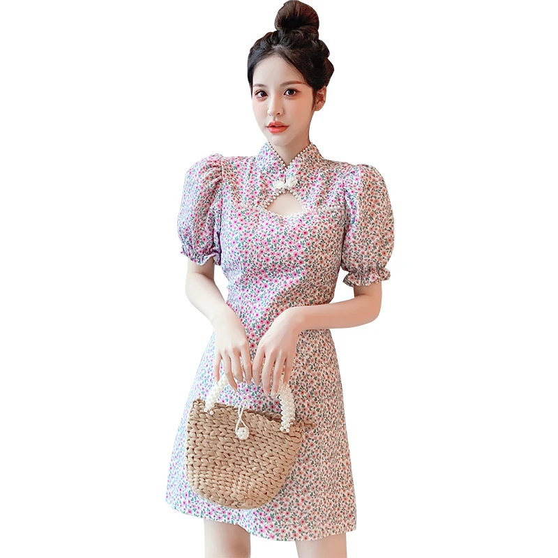 

A word skirt French literary wind restoring ancient ways hubble-bubble sleeve nail bead design show thin waist cheongsam floral