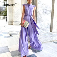 summer fashion stand collar chiffon button printed lace up wide leg pants jumpsuit elegant slim sleeveless loose party jumpsuits