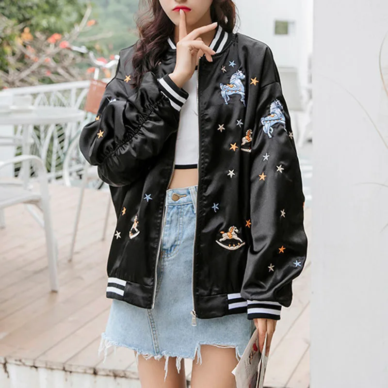Корейские женские свободные куртки бомберы с мультяшным принтом 2019 уличная