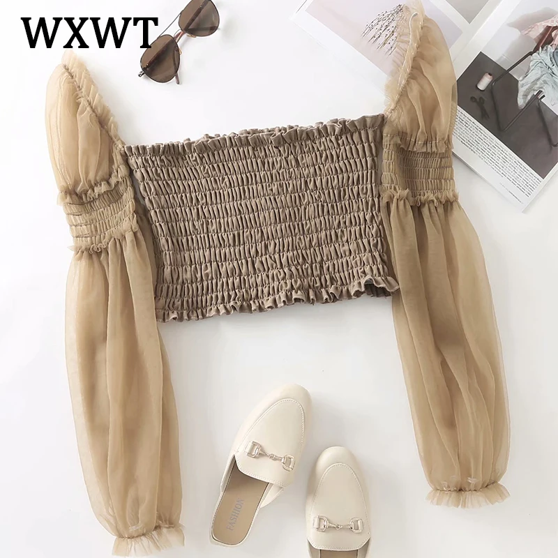 

WXWT Fashion Women Double Layer Elastic Net Yarn Splicing Top Temperament Square Collar Long Sleeve Female Chic Short Tops
