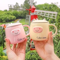 cute cartoon animal cow ceramic mug coffee cup with lid and spoon creative kawaii home water cup gift for childen