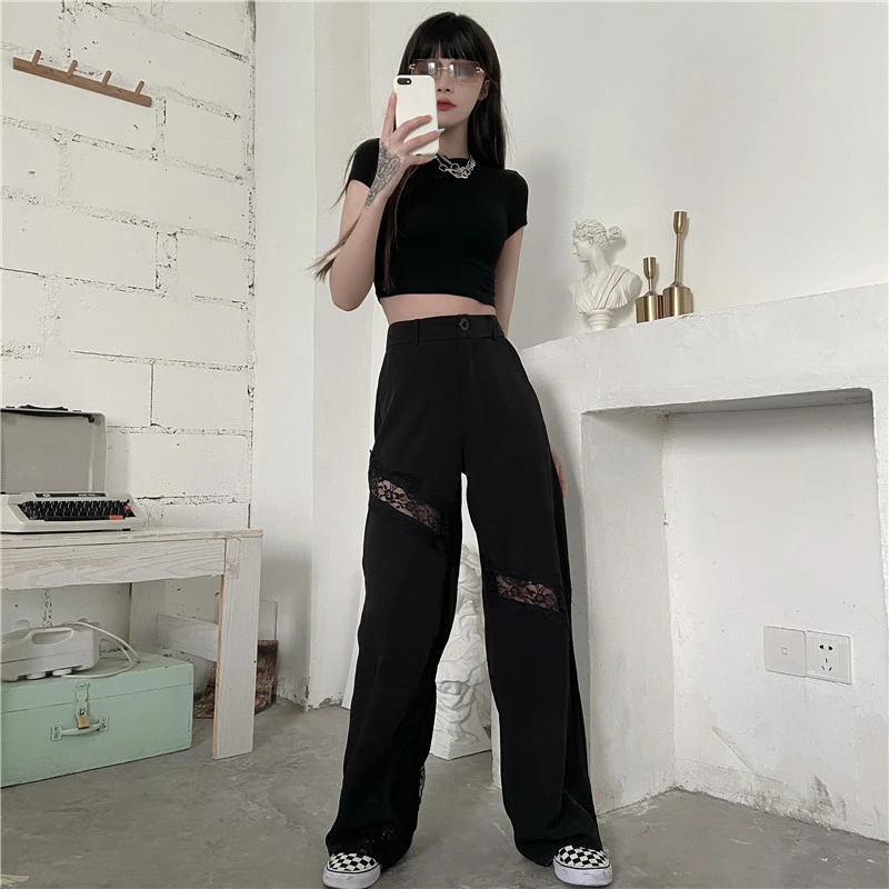 

Women's Pants 2021 Summer New Lace Black Straight High Waist Streetwear Pants Baggy Harajuku Vintage Casual Wide Leg Mom Trouser