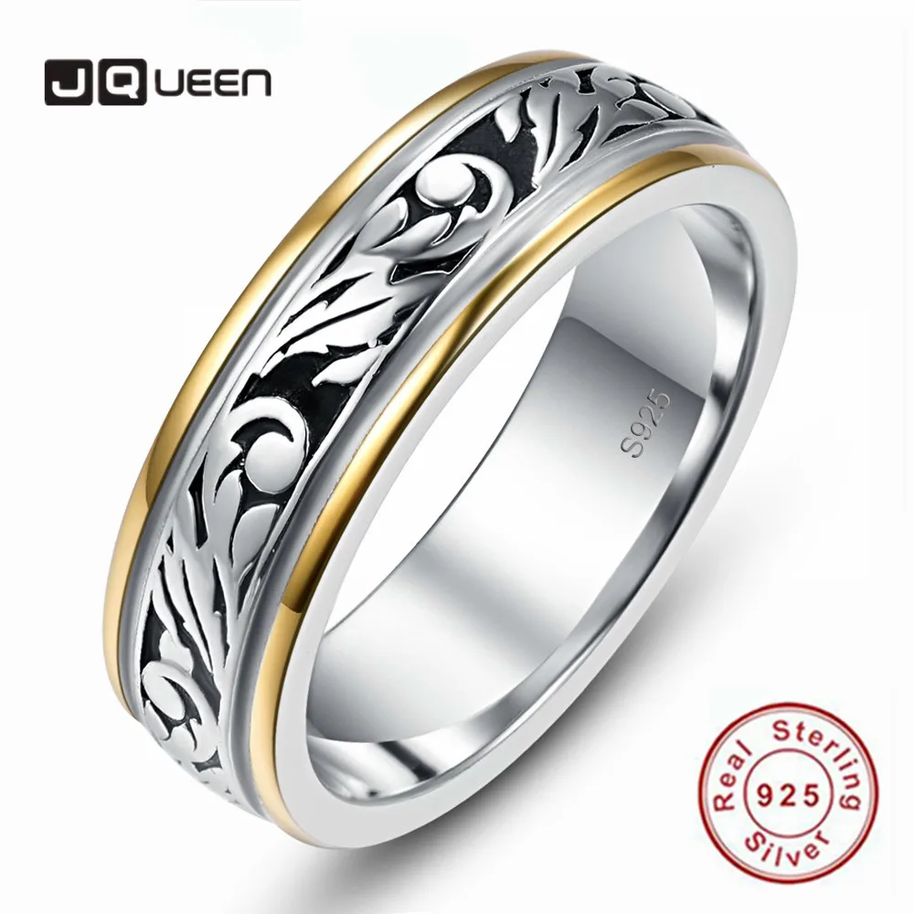 

JQUEEN 6mm Retro Carved Two-color Plated 925 Sterling Silver Ring for Men and Women Engagement and Wedding
