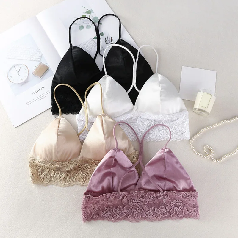 

Women Satin Silk Camis Bralette Beauty Back Lace Tube Top Sexy Crop Top Strap Padded Bra