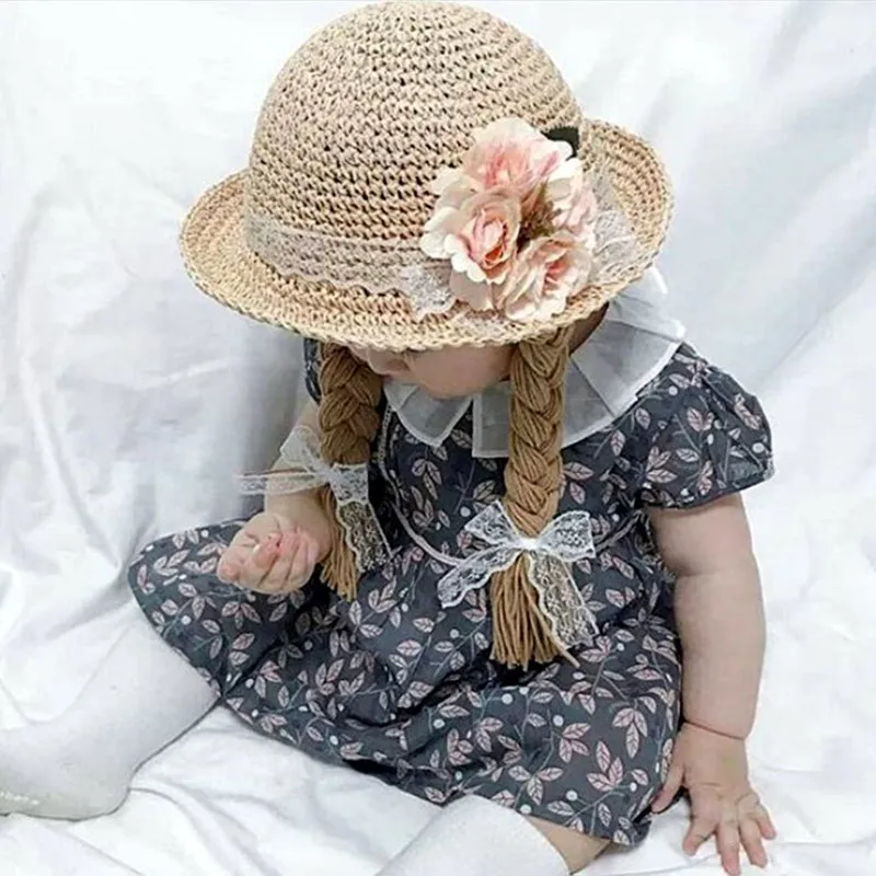 

Spring Summer Baby Kids Girl Sun Block Hat Beach Hair Pigtail Braid Wig Cap Children Girls Flower Straw Hat Cap New Arrivals