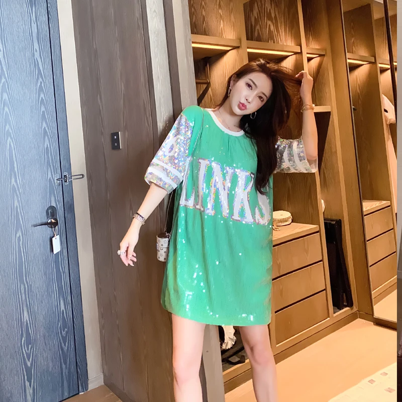 

ins Celebrity LINKS Back Rose Floral Bling Bling Sequin Women Long T-shirt dancing T Dress Casual Oversize Sequined Green Dress