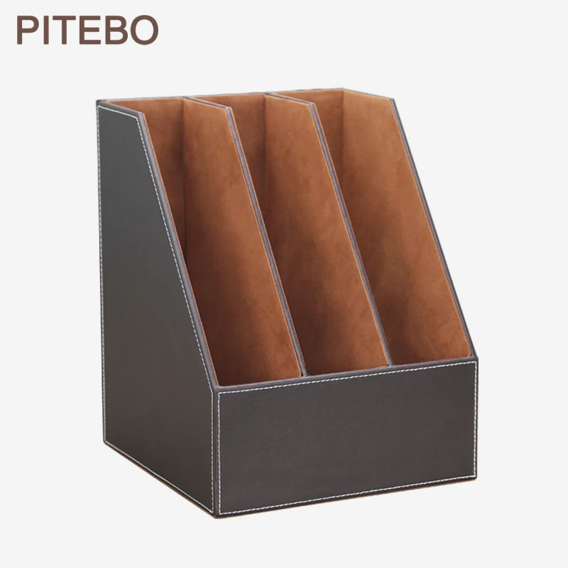 

PITEBO 3 slot wood leather desk file document holder tray box cubbyhole pigeonhole organizer rack black