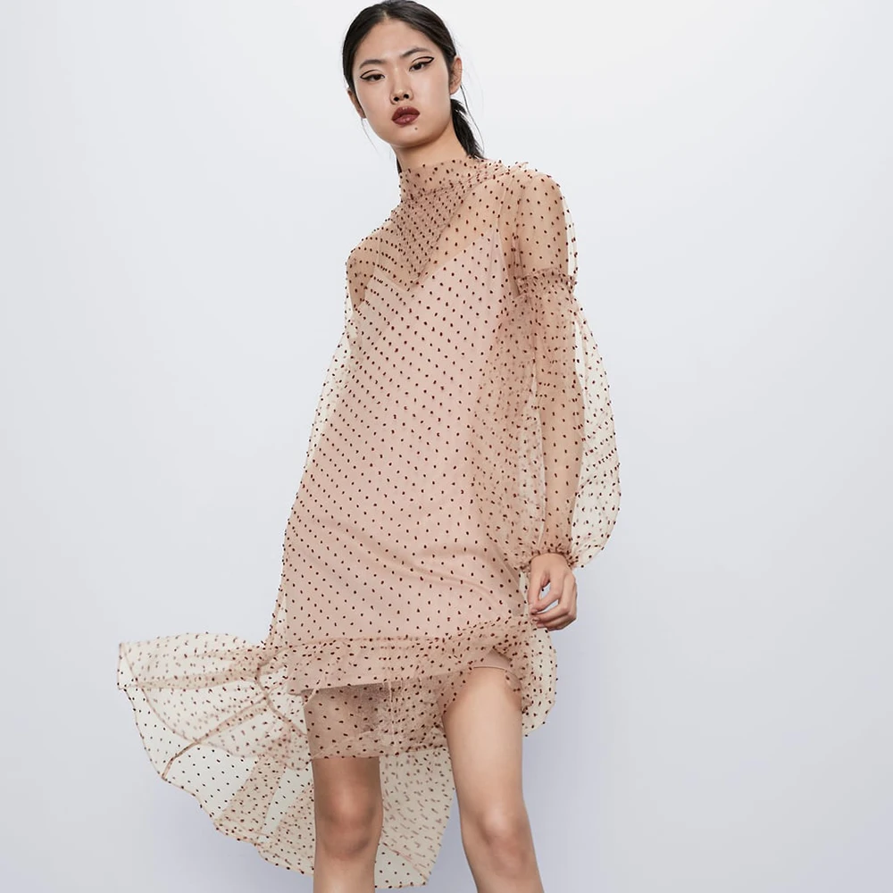 ZA глянцевое кружевное приталенное платье женское V лидер длинные локти пушистые