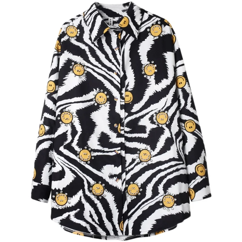 

QING MO Women Temperament Blouse 2020 Women Cartoon Blouse With Beading Rhinestone Female Vintage Loose Blouse ZQY6240