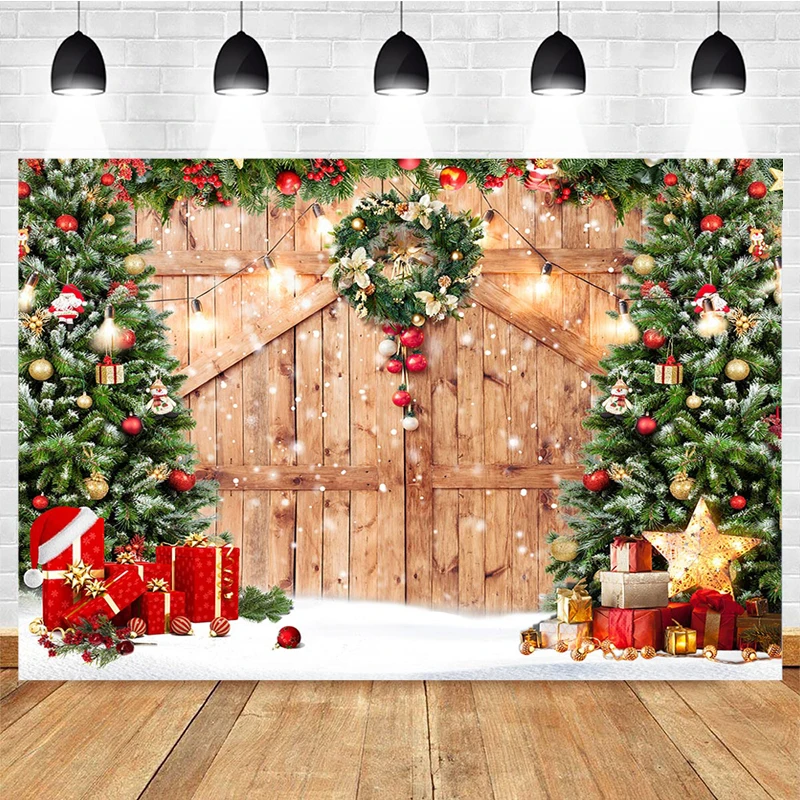 

Christmas Brown Wooden Background Photography Christmas Wreath Bedside Decoration Backdrop for Birthday Portrait Photo Studio