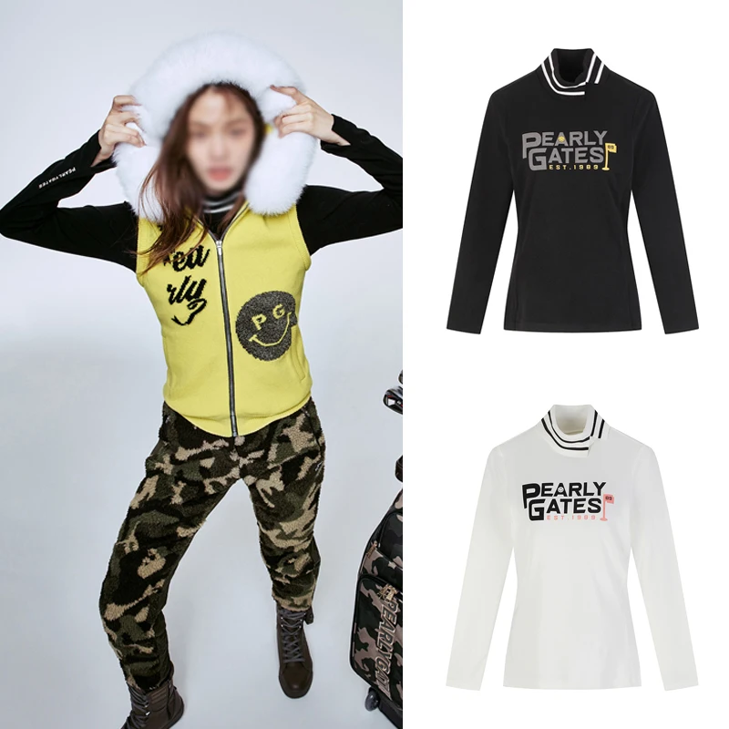 

Golf Long-sleeved Top for Women Black White Autumn/Winter Fleece Moisture-absorbing Quick-drying High Neck Golf Clothing